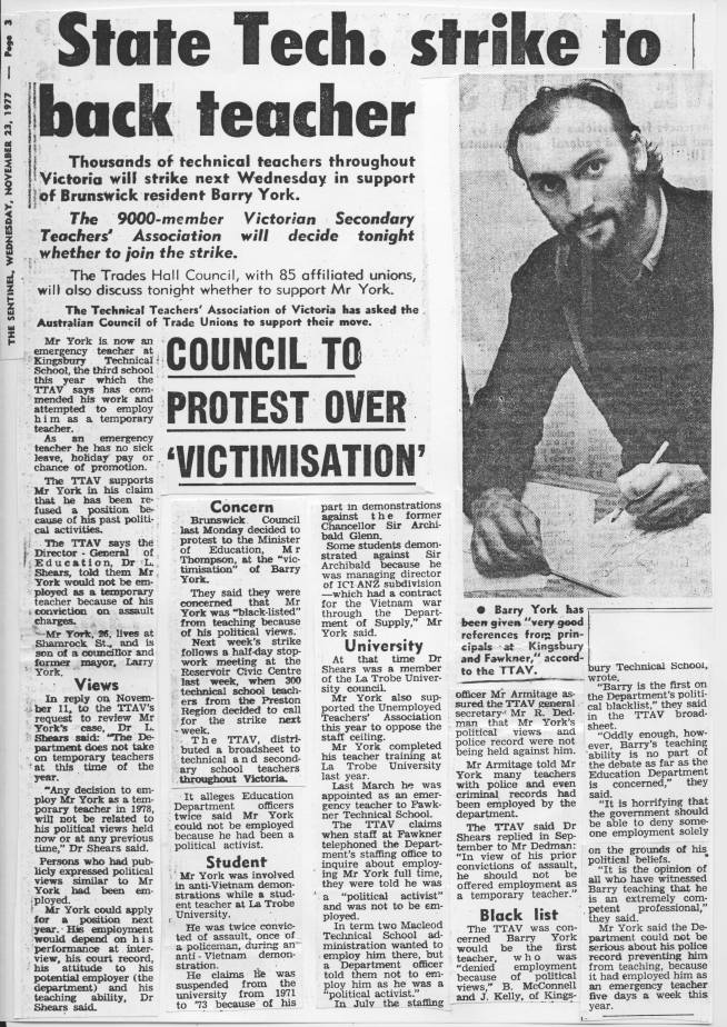 Barry victimisation by Education Dept - Brunswick Sentinel - 23 Nov 1977