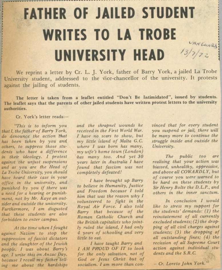 loreto york letter to vice chancellor myers, published in vanguard 13 july 1972